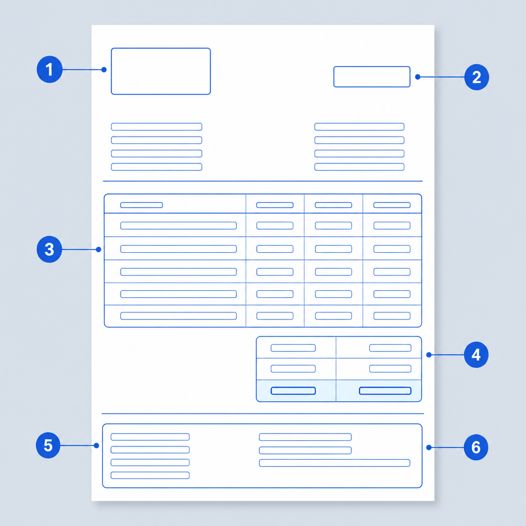 Diagram showing the anatomy of a freelance invoice with numbered callouts